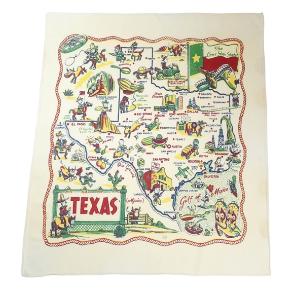 Yucca Other - SOLD Vtg Texas Novelty Souvenir Tablecloth 37"x 32" Lone Star State Caricature